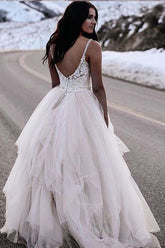 Ivory A-line Tulle Lace Top Straps Backless Wedding dresses, Bridal Gown